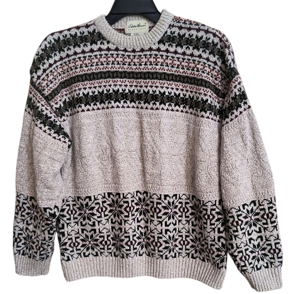 Men's Eddie Bauer 100% Cotton Tan/Green/Burgundy Knit Sweater Size XL